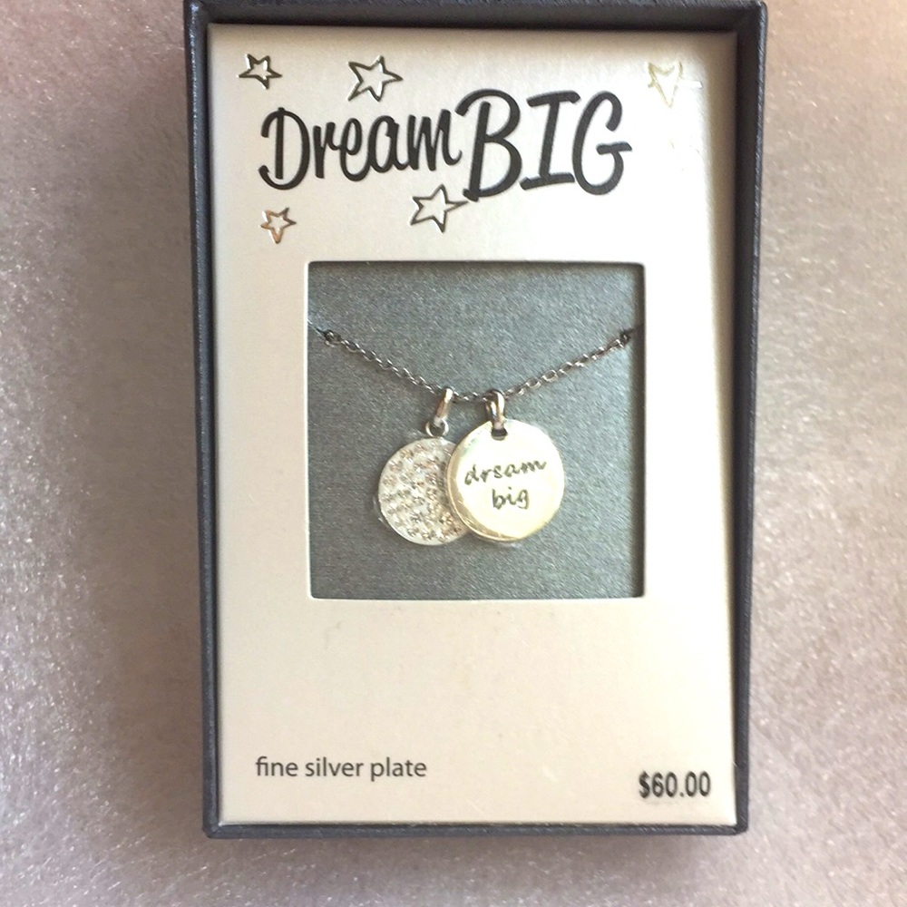 New Silver Necklace 16” Chain + 2 Charms - pave  DREAM BIG Congratulations